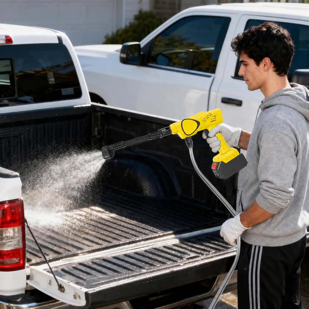 SurgeWash cordless pressure washer cleaning a pickup truck bed
